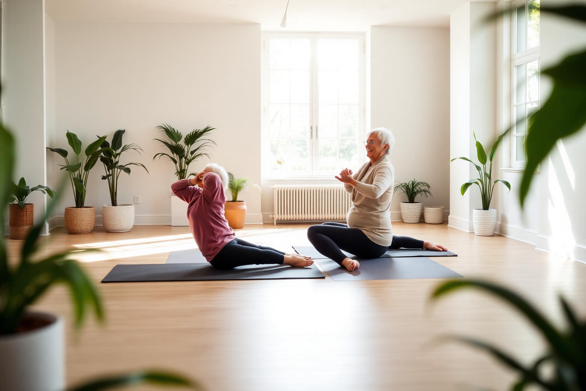 Casal em prática de Pilates em estúdio iluminado