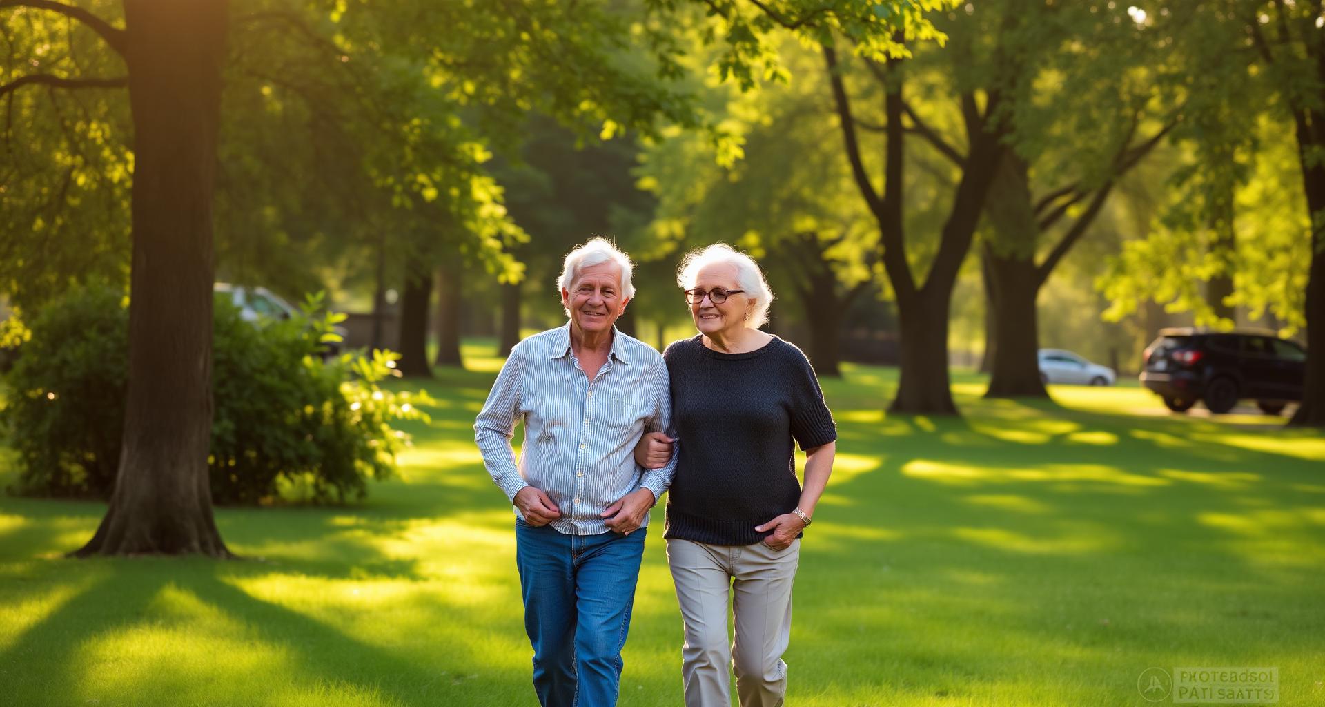 Casal idoso caminhando em parque arborizado